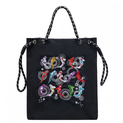 Trendy Koi Black Tote Bag With Zipper Closure And Drawstring Strap Lucky Embroidery
