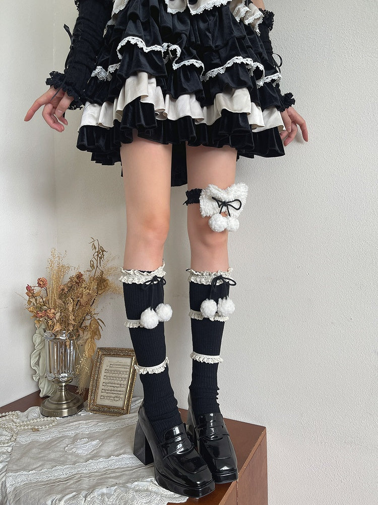 With Decor At Leg White Garter Ion Plush Bow Pom-pom