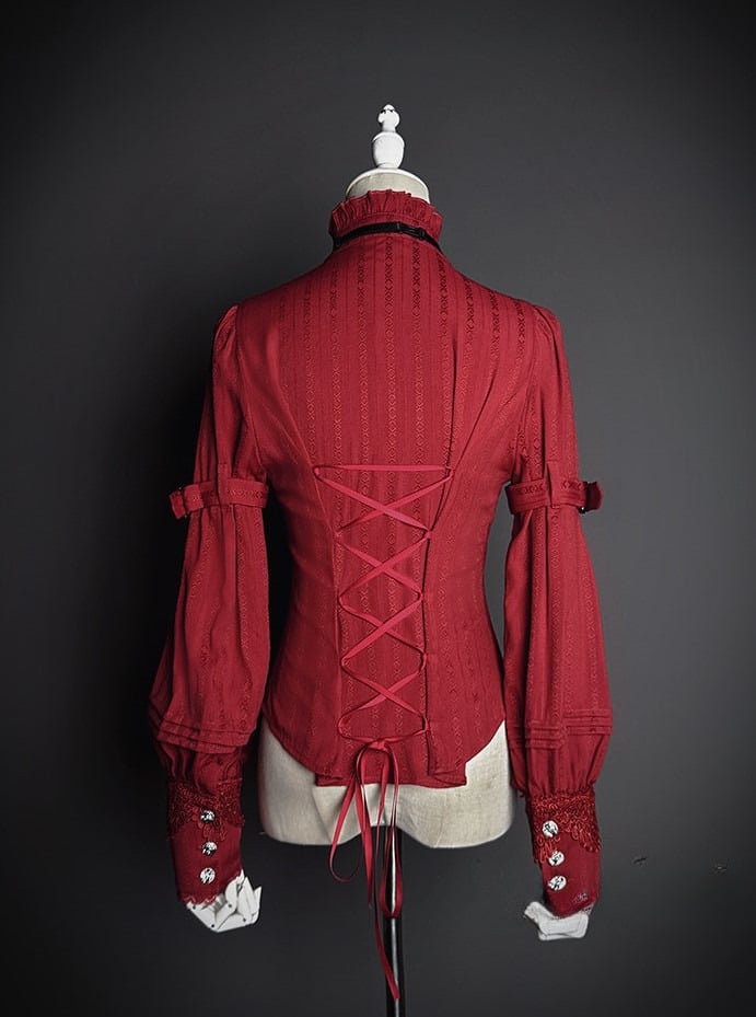 Ruffled Tie Bow Lace and Red with Neckline Lolita Blouse Long-sleeved Details
