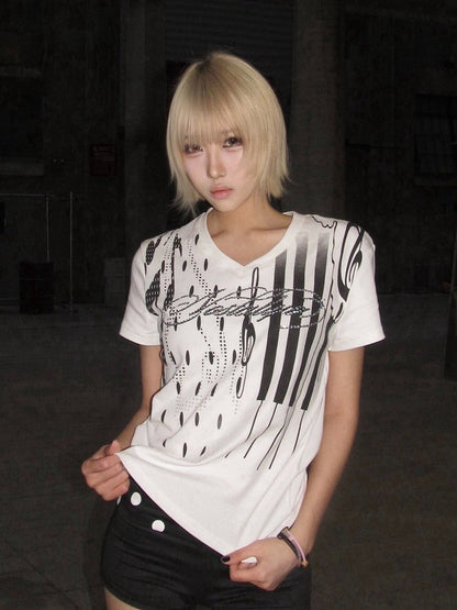 White V-Neck Short Sleeve Tee with Music Note Print - DETW OnLine