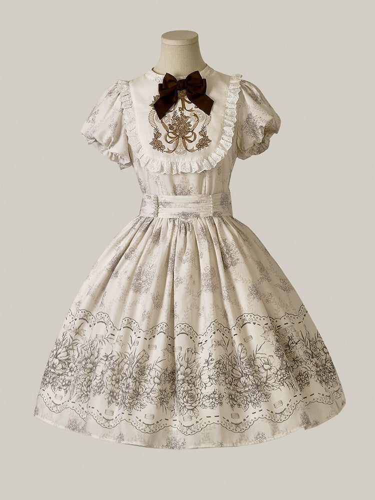 White and Piece Bodice Short Bowknot One Floral Embroidery Classic Version Lolita