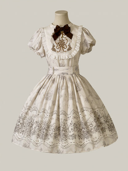 White and Piece Bodice Short Bowknot One Floral Embroidery Classic Version Lolita