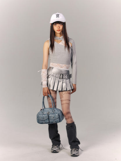 Cropped Gray with Sleeves Chest Asymmetrical Hood Hoodie Cutout Lace-Trimmed