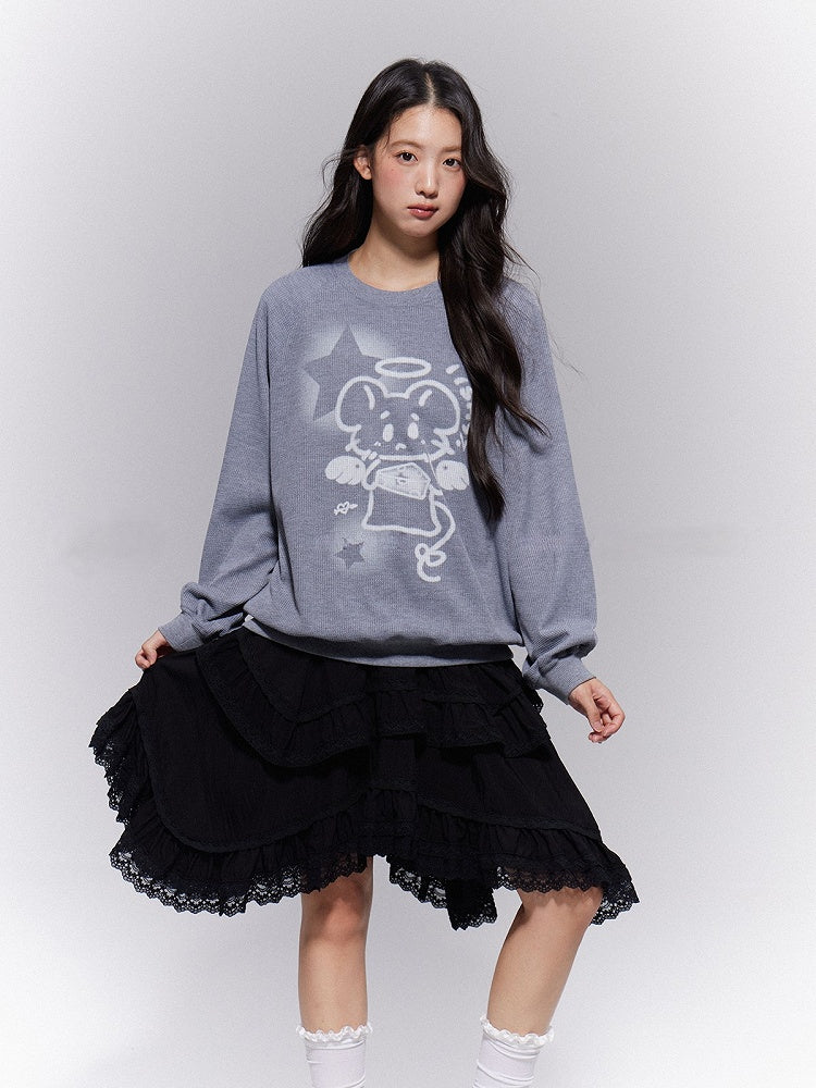 Hem Gothic Skirt Lace-Trimmed Asymmetric with Tiered Black A-line