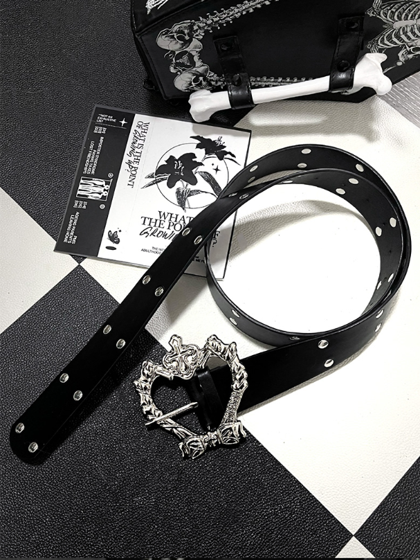 Studded Details Bucklewith Punk PUBelt-Silver Heart Black CrossBow