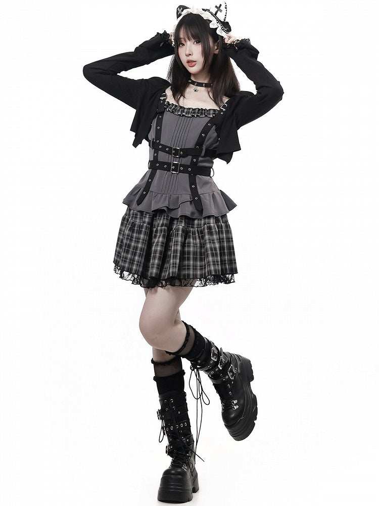 Black Cropped Cardigan with Flared Sleeves and Chain Detailing - PINK SAVIOR