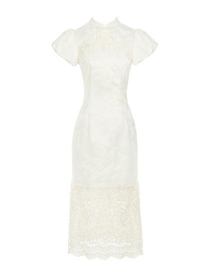 Slit Panel Banded Hem Side Dress Lace Qi Lolita Collar Butterfly Qipao Jacquard