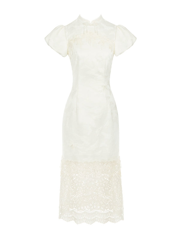 Butterfly Qi Panel Qipao Lace Hem Lolita Jacquard Banded Slit Side Dress Collar