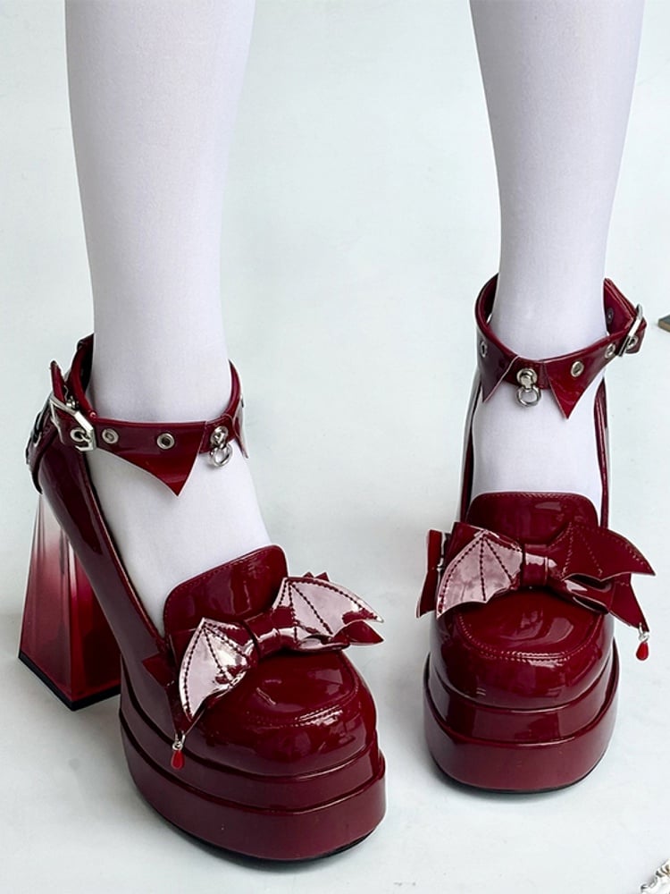 Charms Bat Crisscross and Red Janes Accents Platform Wine Heart Gothic Containing Mary Heel Details Wing with Back - Skeleton