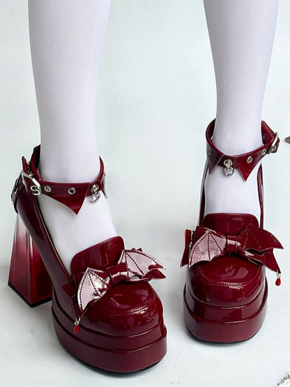 Charms Bat Crisscross and Red Janes Accents Platform Wine Heart Gothic Containing Mary Heel Details Wing with Back - Skeleton