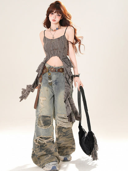 Distressed Blue Wide-leg Camo Bittersweet Holes Pattern Glamorous