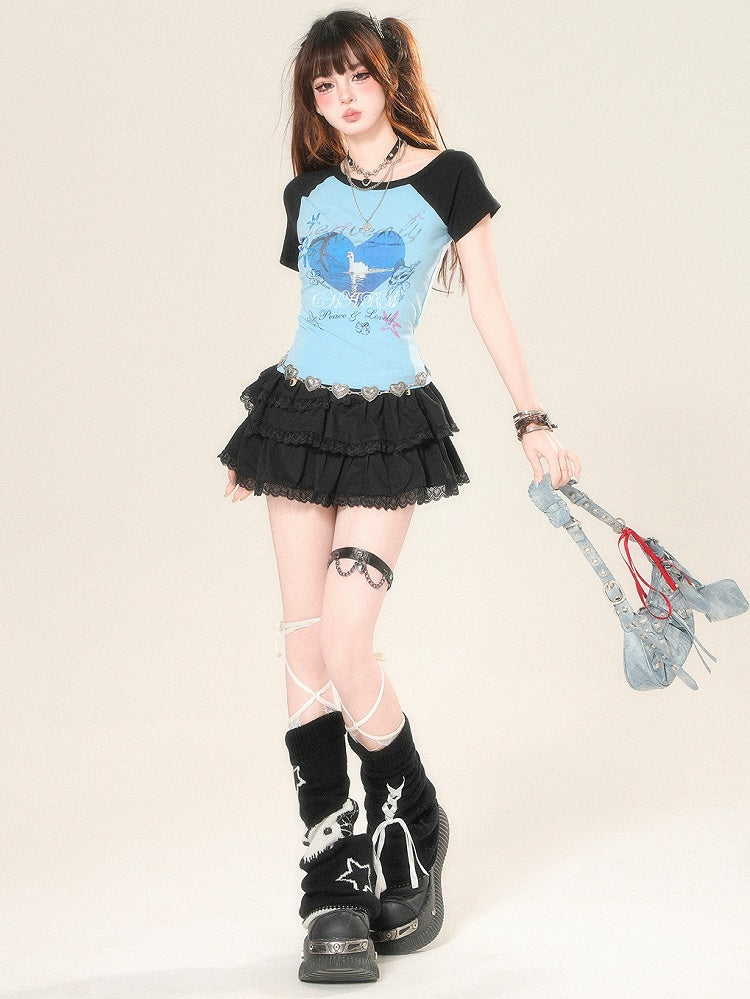 Print T-shirt Glamorous Bittersweet And Letter Animal Heart Blue