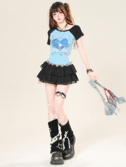 Print T-shirt Glamorous Bittersweet And Letter Animal Heart Blue