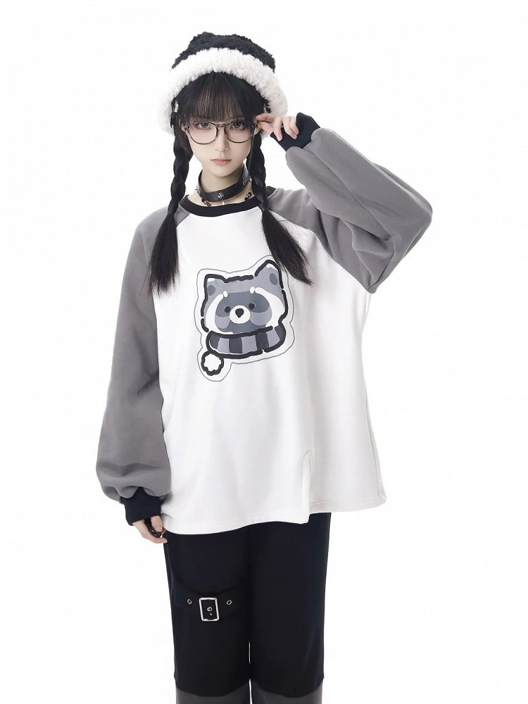 with White Print Gray Adorable Colorblock Raccoon Sweatshirt