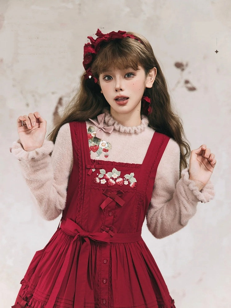 ダスティオータム刺繍のストロベリーリボンニット（ネックライン、トップス、カフス、ピンク）