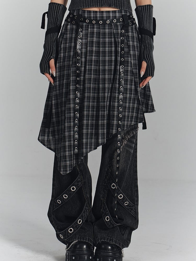 Punk Strips Denim Faded with Jeans Diagonal Raw Black Hem Wash Metal Eyelet
