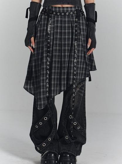 Punk Strips Denim Faded with Jeans Diagonal Raw Black Hem Wash Metal Eyelet