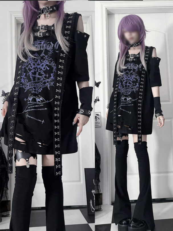 Cross Short Straps with Sleeve Drop Print Black Lace Shoudler Gothic Trimmed Blue T-shirt