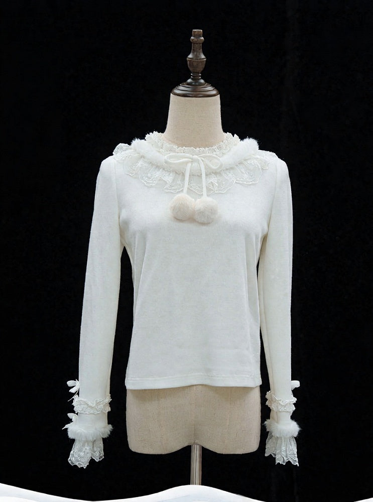 Winter Long-Sleeve Lolita Blouse with Pompom Trim in White - Lineall Cat
