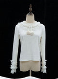 Winter Long-Sleeve Lolita Blouse with Pompom Trim in White - Lineall Cat