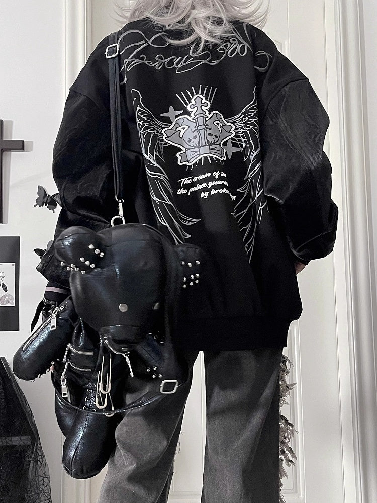 Vintage CuffCrown+Wing Black Gray Baseball Jacketwith Striped Print Gothic