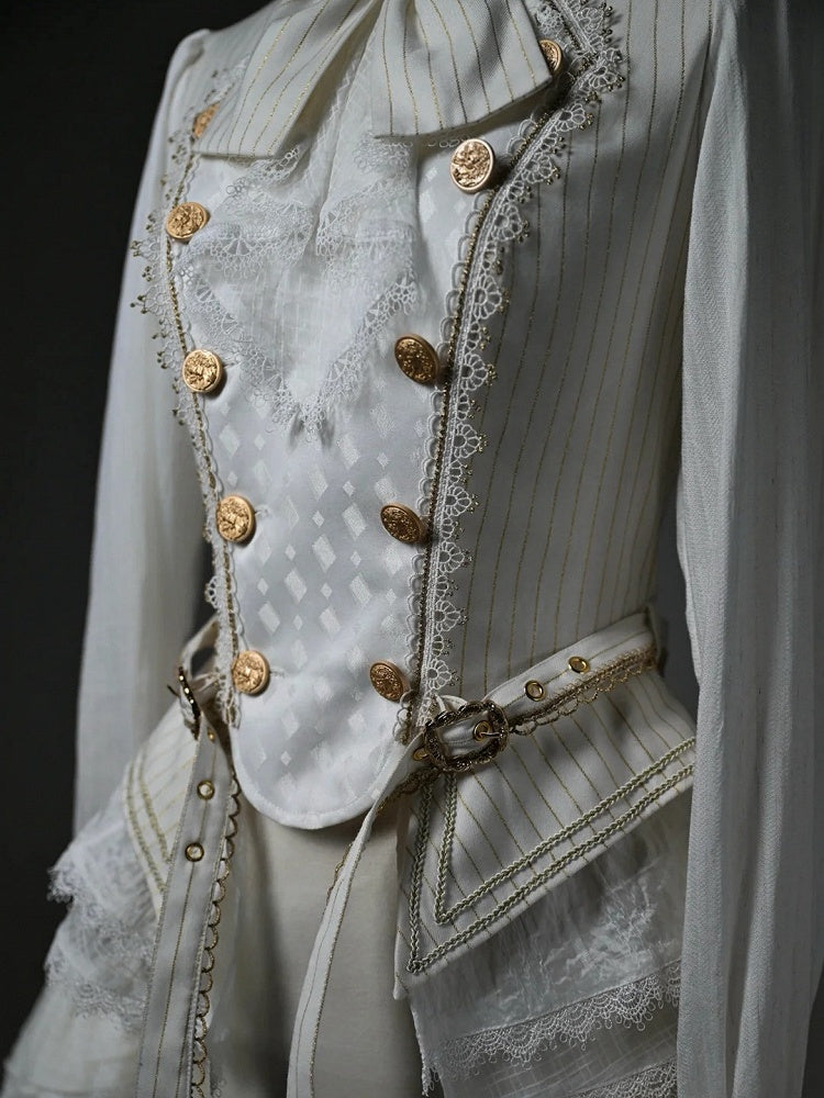 White Jabot Ruffled Long Sleeve Ouji Lolita Top with Cascading Cuffs