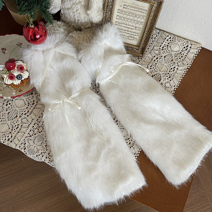 Leg Fur Bow Satin White Faux Accents Warmers with