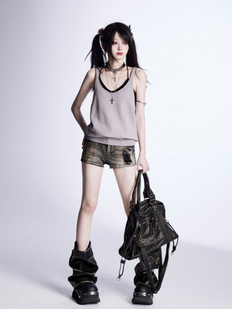 レッド/グレーのグラマラストップ、バックレスニットタンクトップ