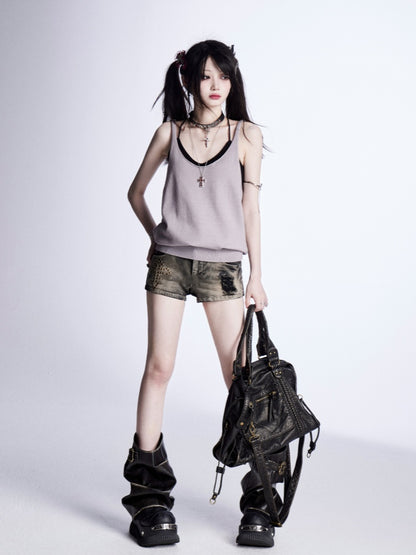 レッド/グレーのグラマラストップ、バックレスニットタンクトップ