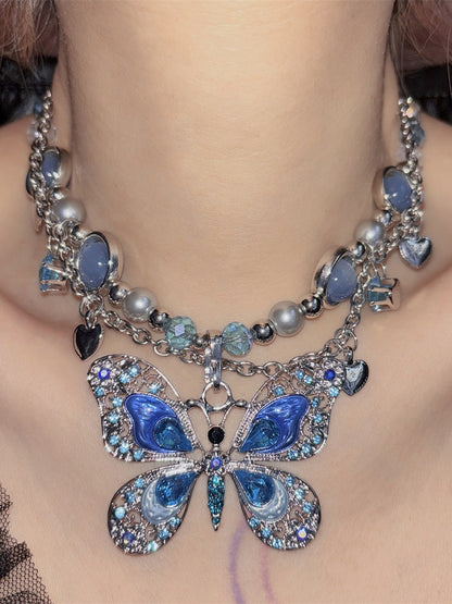 Necklace Beaded Butterfly Pendant Blue/Brown