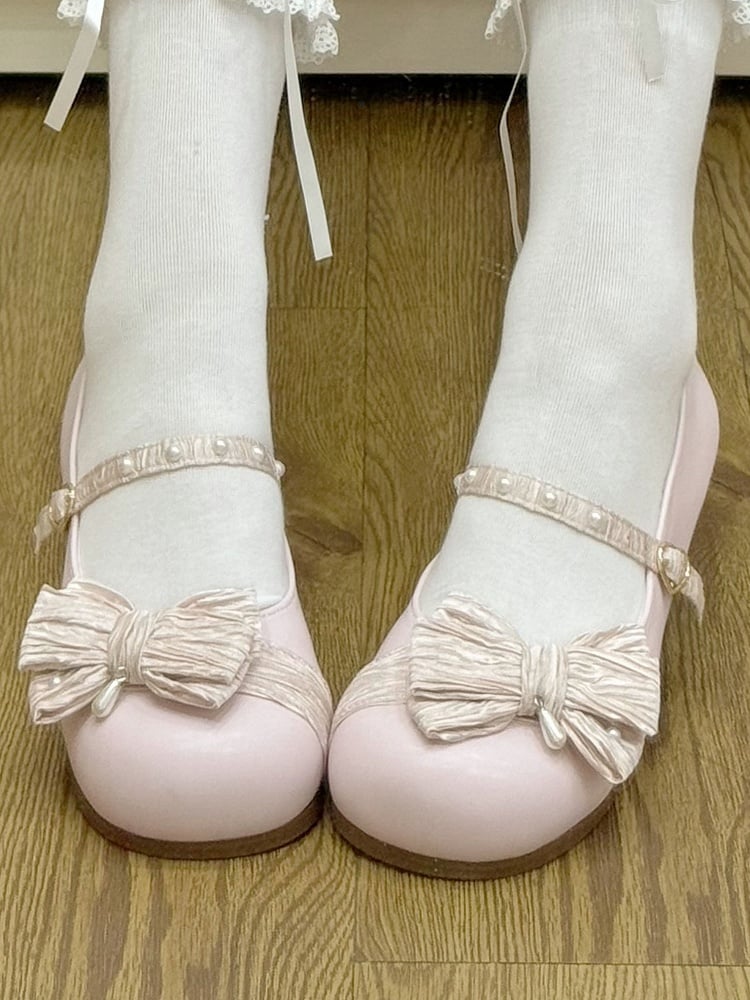 Pink Round Decorated Shoes Strawberry Top at Toe Buckle Bow Heart Lolita Beaded