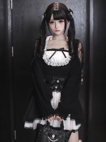 / Kei Lace White Waist Maid Cutouts Aesthetic Core Jirai Skirt High Shoulder Top - Black Tiered