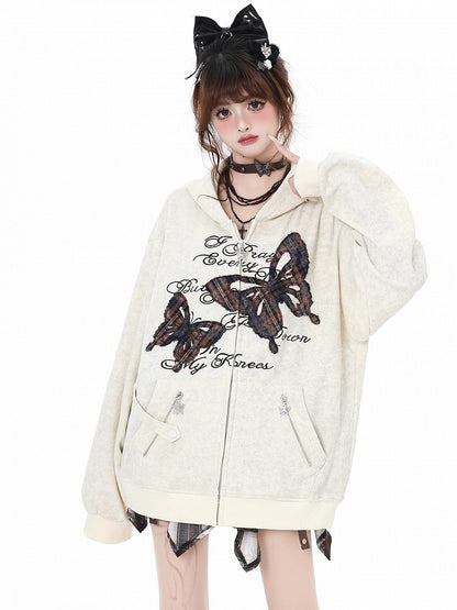 Apricot Butterfly Appliques Spring Loose Zip Hoodie