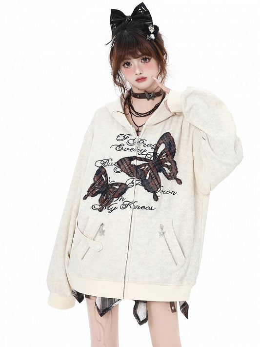 Apricot Butterfly Appliques Spring Loose Zip Hoodie