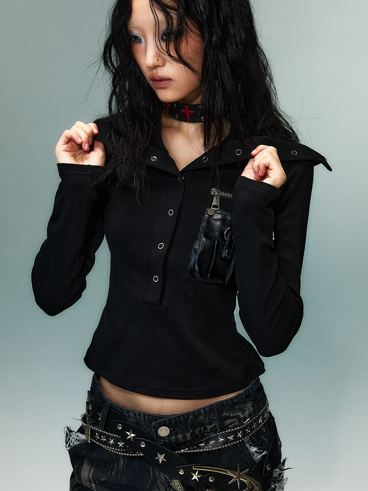 Black Dark Punk High-Neck Knit Top with PU Pocket