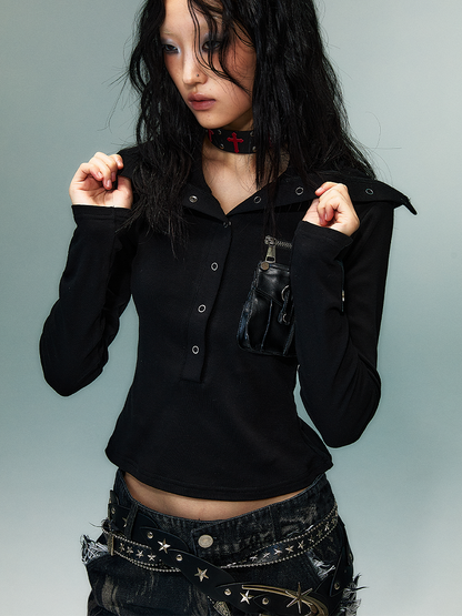 Black Dark Punk High-Neck Knit Top with PU Pocket