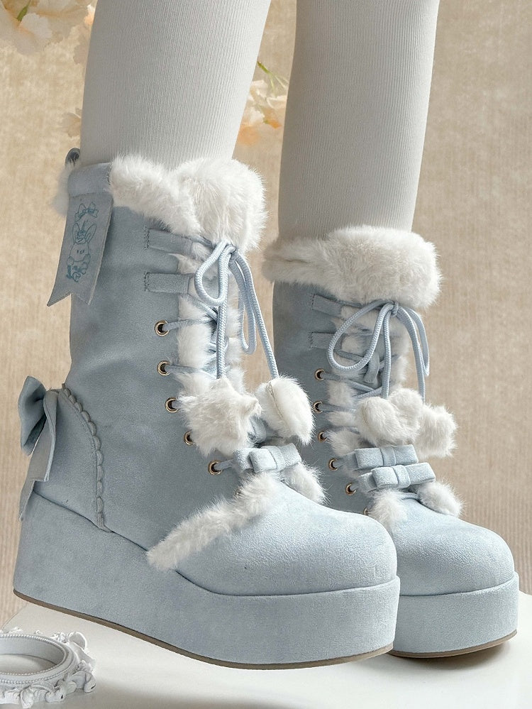 Interior Plush Boots - 4cm Platform Sole Sweet For Lolita Blue Snow with