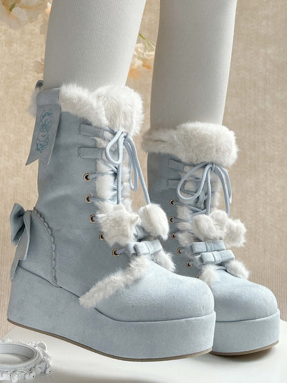 Interior Plush Boots - 4cm Platform Sole Sweet For Lolita Blue Snow with