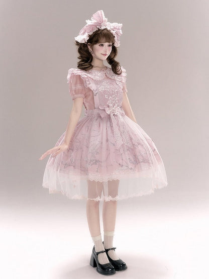 Pink Flutter Sleeve Floral Embroidery Lolita Overlay Dress with Bow and Lace - Yimu Walnut