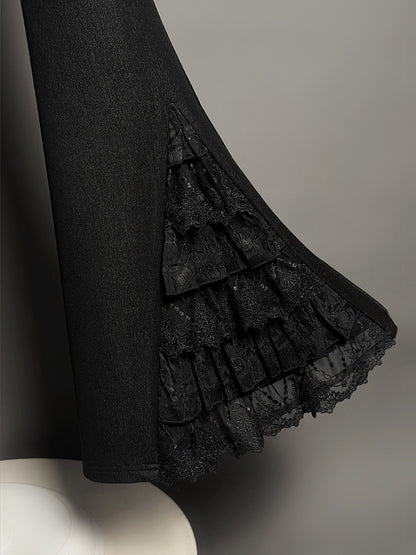 ティアードパッチパンツ レースフレアカフス ブラック