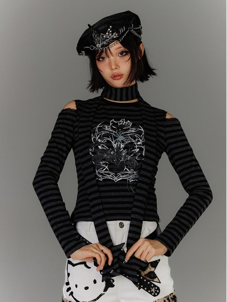 with Scarf Black  Gray Striped Cutout Shoulder Graphic Top Star Punk