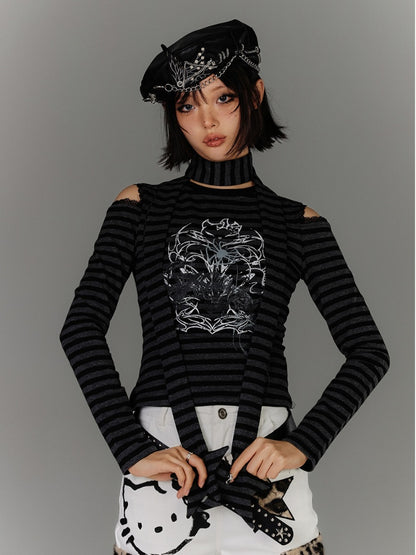 with Scarf Black  Gray Striped Cutout Shoulder Graphic Top Star Punk