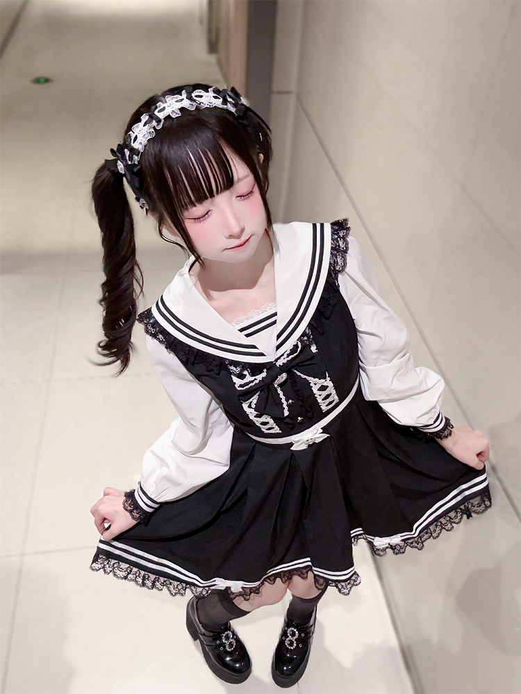 Jirai Bunny-Ear Lace Sailor with Dress White Long and Dress: Trim Kawaii Black Kei Collar Sleeve