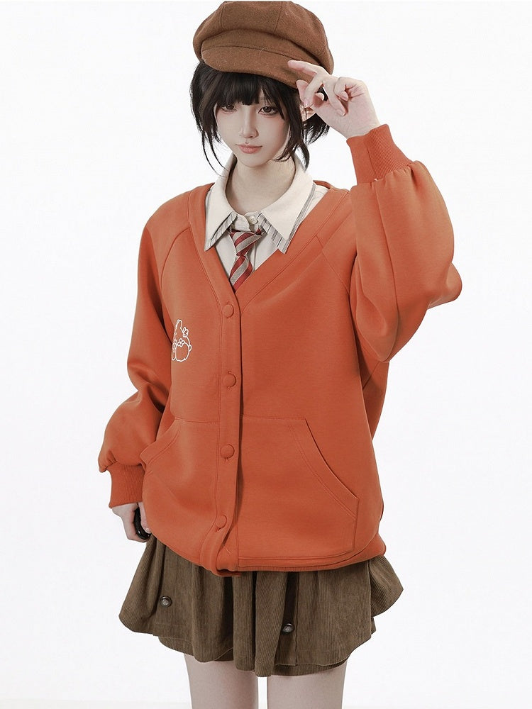 Kawaii Orange V-Neck Fall Jacket with Removable Striped Hood - PINK SAVIOR