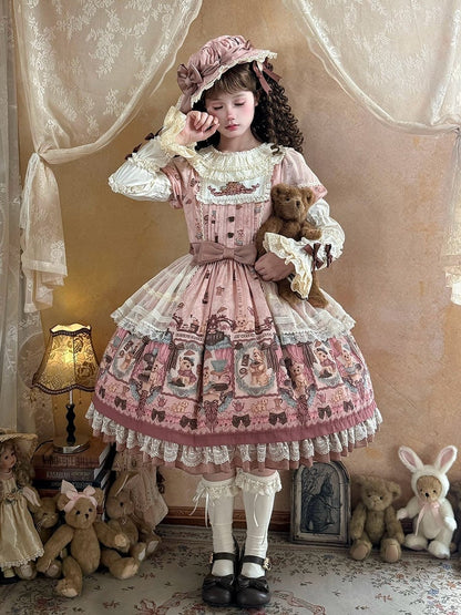 Puppy Coffee Shop Print Pink Sweet Lolita OP Dress with Dot Tulle Overlay - Stars Fall on the Foggy Island