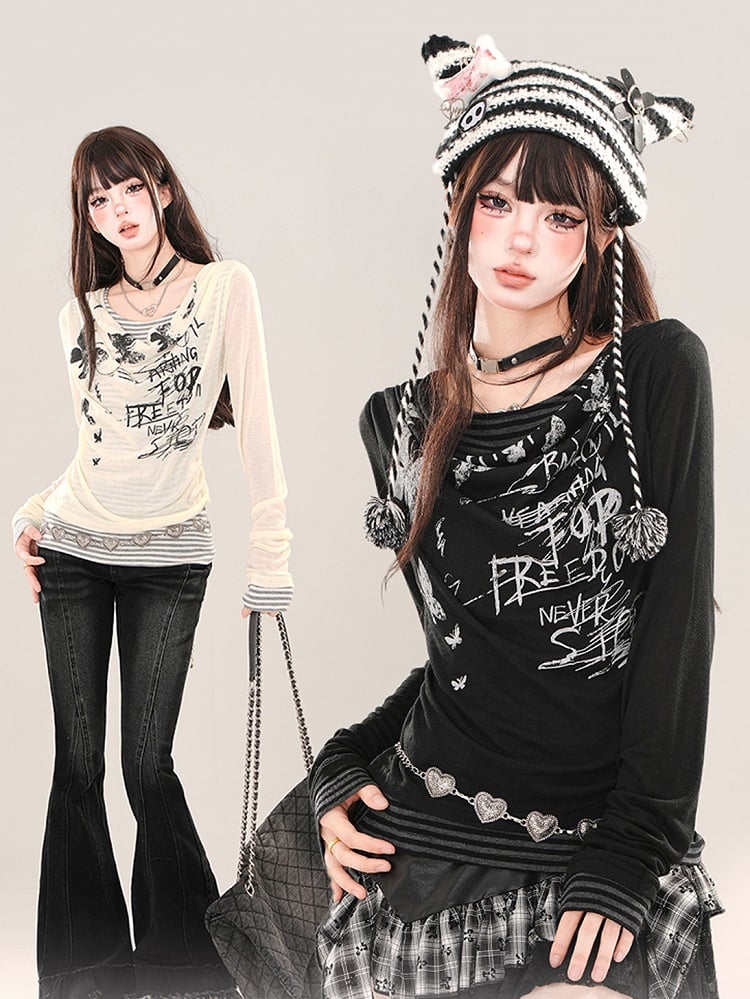 Apricot and Black Graphic Mesh Layered-Look Striped Long-Sleeve Top