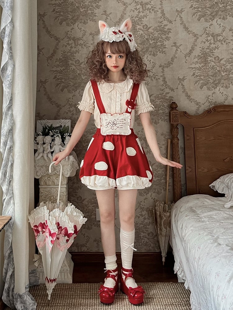 Fleece Detachable Spot Straps White Red Applique with Short Lolita Mushroom Sweet Bubble
