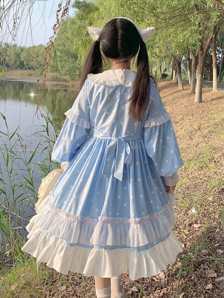 Lolita Long Sleeve Ruffle OP Blue Fresh Dot Dress Details with Polka