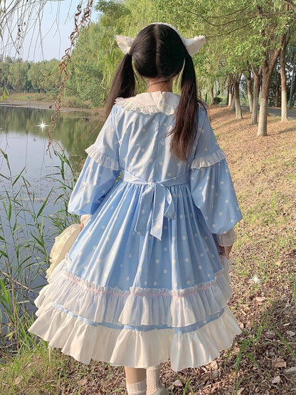 Lolita Long Sleeve Ruffle OP Blue Fresh Dot Dress Details with Polka