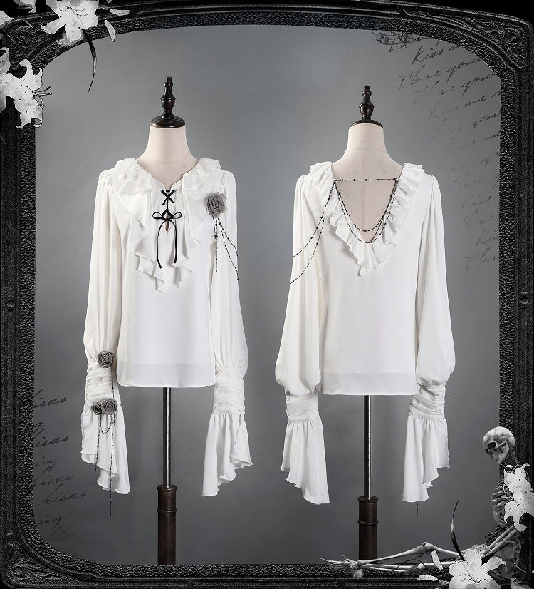 Ivory Cascading Ruffle Shirt with Gray Floral Chains - Shi Zhi Mao